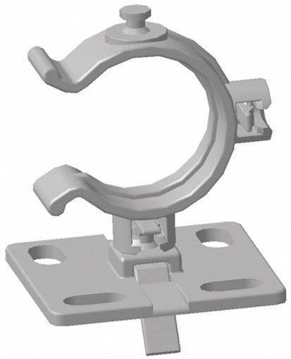 Grey plastic pipe clip with two screw holes at the base for mounting.