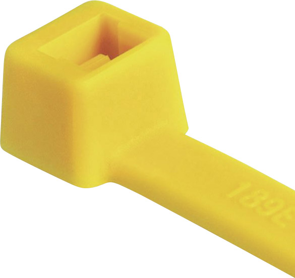 A yellow cable tie with a rectangular buckle that has a groove for the band. The band is smooth and terminates at the fastener.