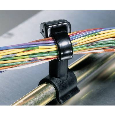 A bundle of colourful cables is secured to a metal pipe with a black cable tie.