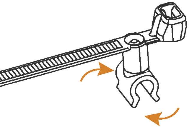 Cable tie illustration shows how a mount is secured with a rotational movement. Two arrows indicate the direction.