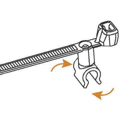 Cable tie illustration shows how a mount is secured with a rotational movement. Two arrows indicate the direction.