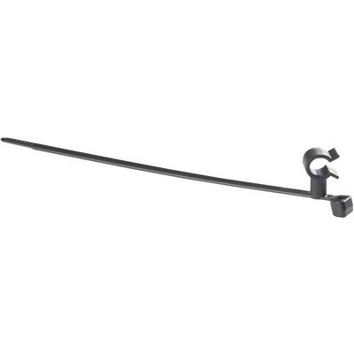 A black cable tie with an integrated mounting clip, for securing cables to surfaces, shown against a white background.