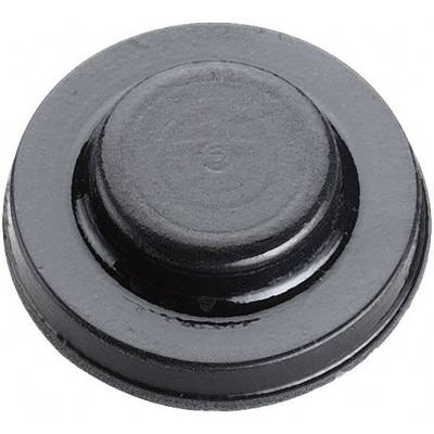 A black rubber buffer in a round shape, likely used as a dampening element or protection for furniture or machine surfaces.