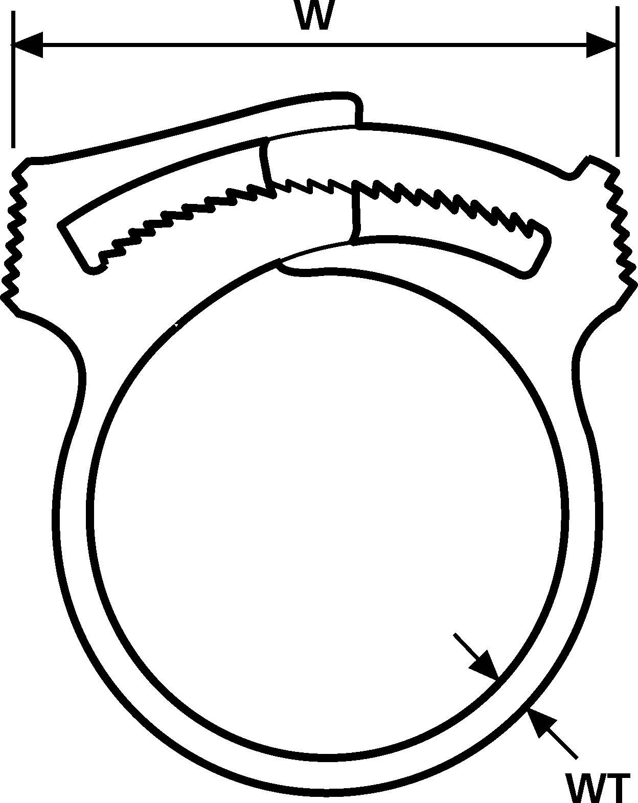 Diagram of a hose clamp design with dimensions. Shows the internal thread, clamps, and key dimensions 'W' and 'WT'.