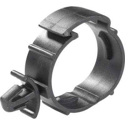 A black plastic pipe clip with a locking mechanism, suitable for securing pipes or cables.