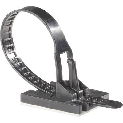 Black plastic cable holder, consisting of a ribbed band with a base for stabilising cables.