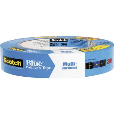 A blue painter's masking tape by Scotch for versatile surfaces, surrounded by descriptions and brand logos.