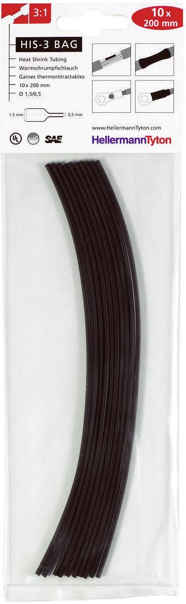 A pack of heat shrink tubes by HellermannTyton. Contains 10 pieces measuring 3.2 mm x 200 mm. 3:1 shrink ratio.
