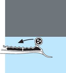 Cross-section of a rotary cutting tool, cutting material from left to right. Above is the cutting blade, below the material.