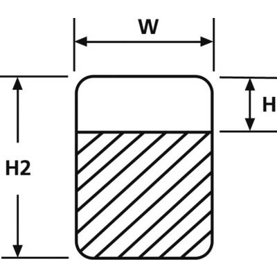 Sketch of a rectangular body with rounded corners. Width dimension 'W', height dimensions 'H' and 'H2' marked. Right half hatched.