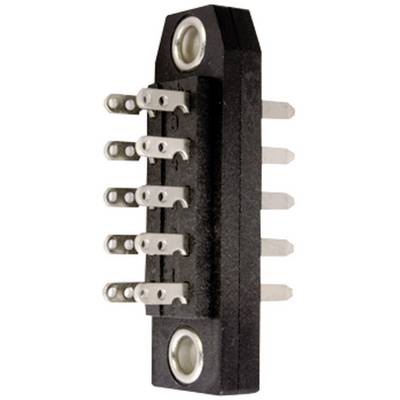 A black electronic connector with seven metal pins protruding at various angles. Primarily used for electrical connections.
