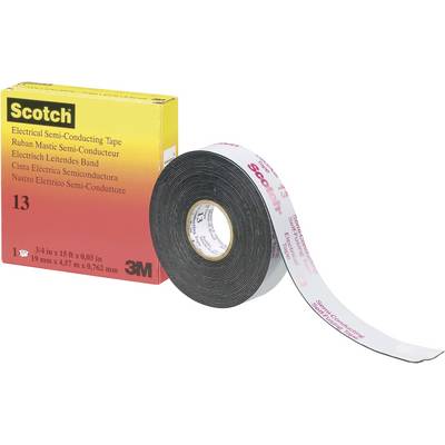A roll of black, semi-conductive insulating tape from Scotch, in the foreground. A yellow packaging with prints on the left side of the image.