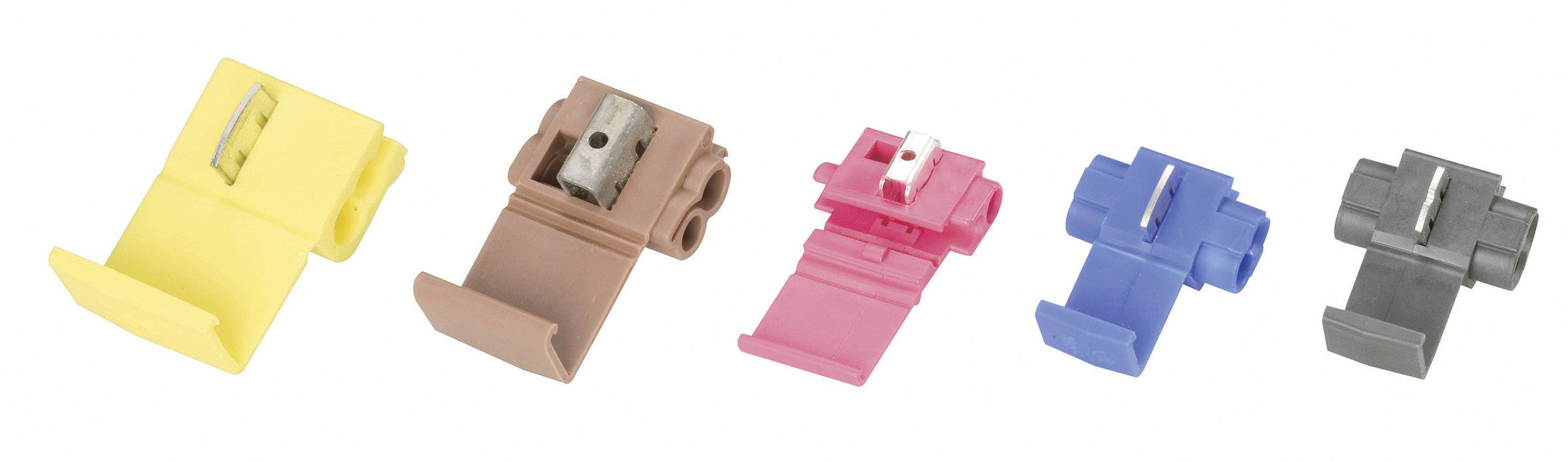 Five differently coloured cable connectors in yellow, brown, red, blue and black, arranged side by side.
