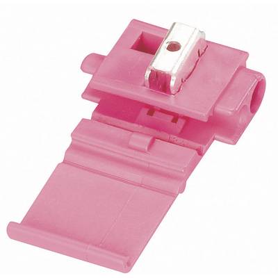 A pink cable connector with a metal contact that is half open. Used for quick and easy cable connection.