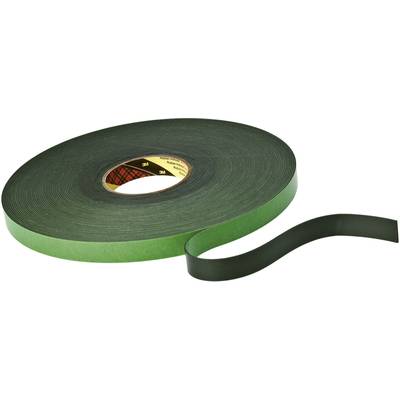 A green double-sided adhesive tape rolled up; one end is loose and shows the black adhesive surface.
