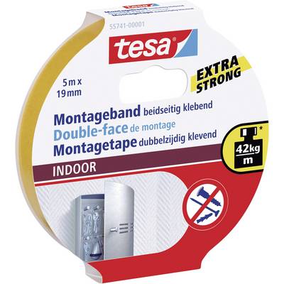 tesa Mounting Tape, double-sided, extra strong, 5m x 19mm, for indoor use, holds up to 42kg per metre. Packaging shows example of use.