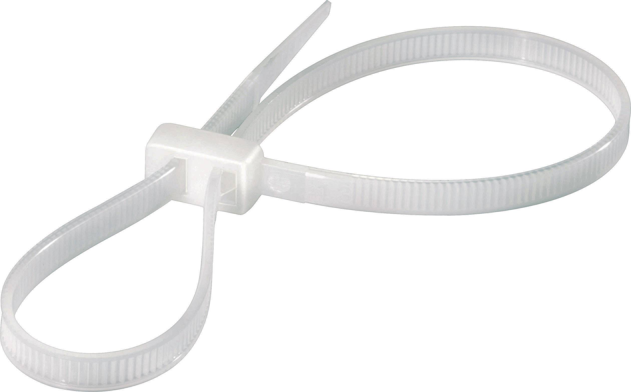 A white plastic cable tie used for securing cables. It is formed into a loop and features a ribbed design.