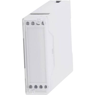 A white enclosure with a transparent plastic lid, suitable for mounting on a DIN rail in electrical installations.