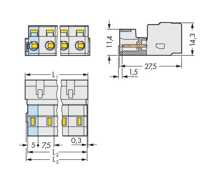 Technical drawing of a three-pole connector with dimensions and cross-sectional view, showing details of assembly and electrical specifications.