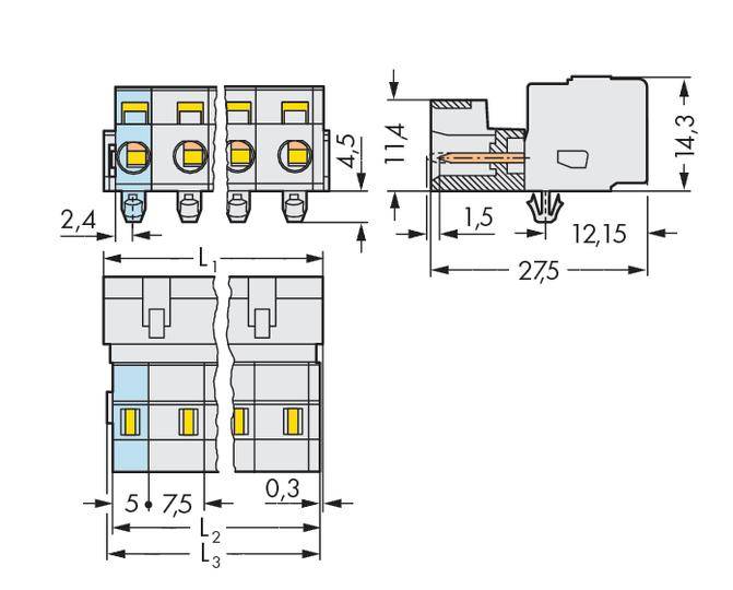 Technical drawing of an electrical connector with dimensions. Shows top view, front view, and side view with height and width measurements.