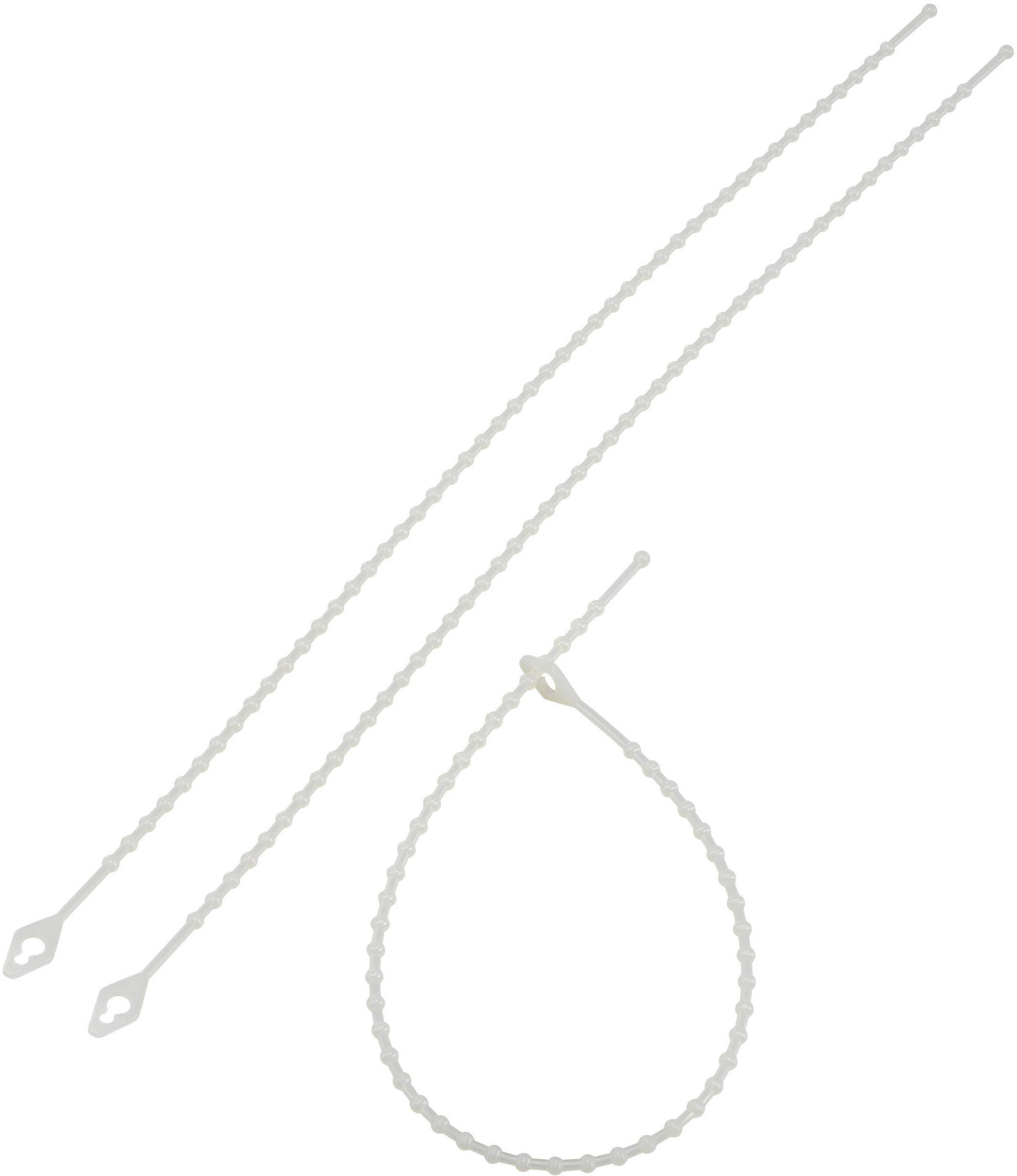 Two white cable ties, one stretched out and one in a loop, against a white background. They are made of plastic.