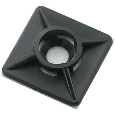 A black square plastic component with four tapered protrusions and a central round hole, set against a white background.