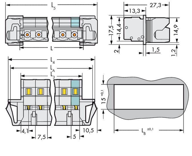 Technical drawing of an electrical connector with dimensions in millimetres. Shows top view, side view and cross-section.