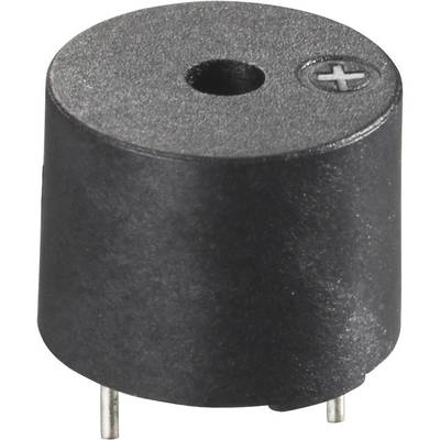 A round, black piezo buzzer with two connection pins and a plus sign on top, indicating polarity.