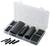 A transparent plastic box contains various black heat-shrink tubes in multiple sizes.