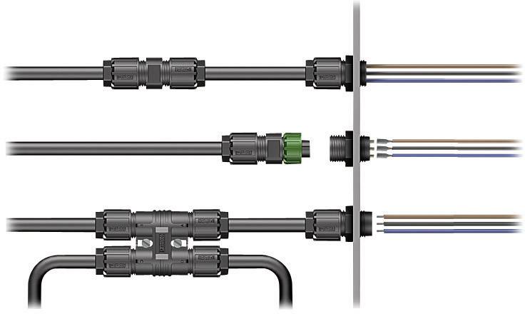 Three cable connections with plug connectors, two positioned horizontally side by side and one routed through a wall cover, can be seen.
