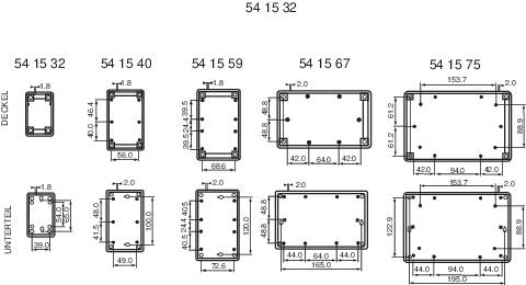 'Technical drawing of casings with varying sizes and dimensions. Labels show model numbers and measurement details.'