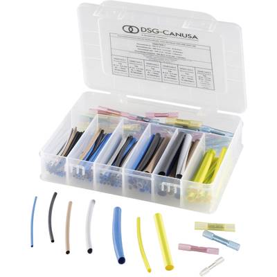 A box containing heat shrink tubing in various colours and sizes, organised in compartments.