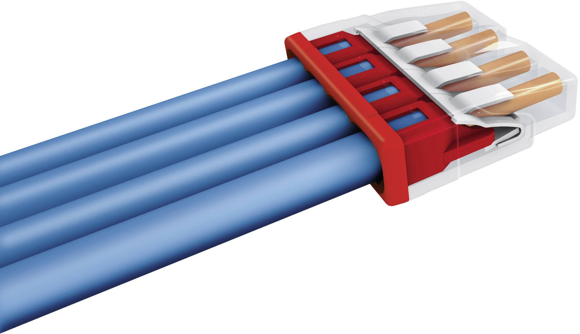 A blue cable plug with three cables, connected by a red and transparent plastic clip. Suitable for electrical installations.