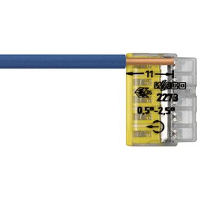 An electrical cable connector, partially transparent, shows a connected copper wire. Suitable for wire thicknesses from 0.5 to 2.5 mm².