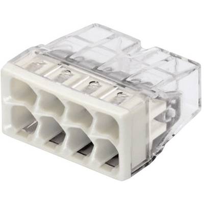 A transparent plastic plug with six white connection sockets, suitable for electrical connections.