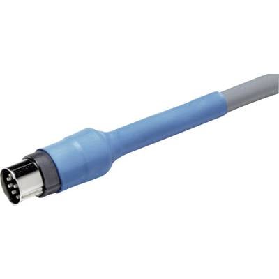 A blue, round plug with five metal pins, attached to a grey cable.