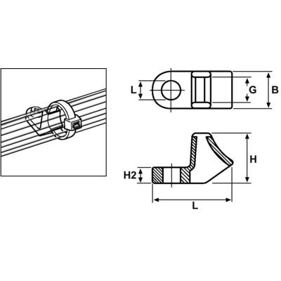 Technical drawing of a hose clamp with dimensions G, B, H, H2, L. Shows attachment to multiple pipes.
