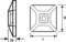 Technical drawing of a square object with dimensions L, W, and H, showing front and side views.