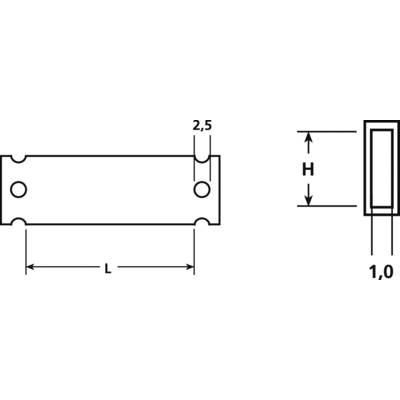 Technical drawing of a rectangular component with dimensions: length (L), height (H), width 1.0 mm, hole spacing 2.5 mm.