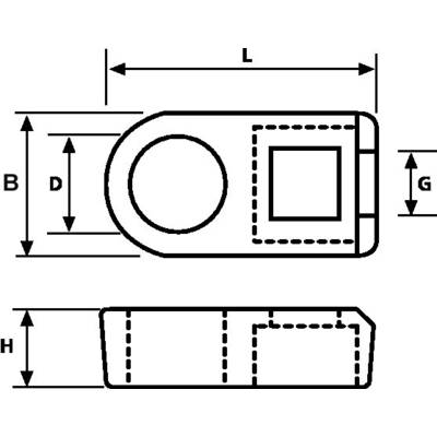 Technical drawing of a metallic component with four dimensional specifications: B, D, G, H. Top view above, side view below.