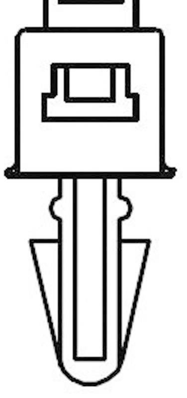 Diagram of a plug in black and white, showing the front view of a square plug head with two contact pins.