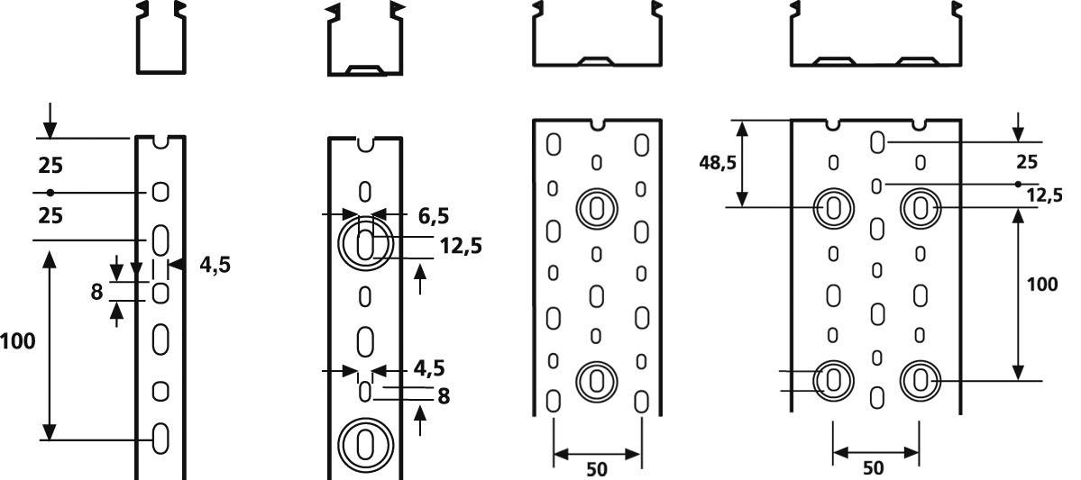Drawing of metal profiles with dimensional specifications. Left: Profile cross-sections. Right: Front view with holes and centimetre measurements.