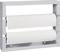 Two white paper rolls mounted on top of each other in a rectangular metallic holder, against a white background.