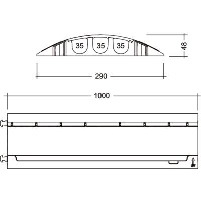 Technical drawing of a product with dimensions: Length 1000 mm, Width 290 mm, Height 48 mm. Three equally sized compartments with 35 mm diameter.