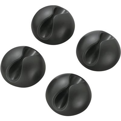 Four black plastic cable holders, round in shape, with an opening for securing cables. Ideal for desks.