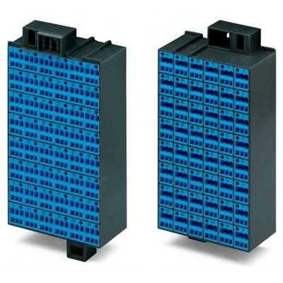Two electrical connector housings in black with blue terminal blocks, showing front and rear views.