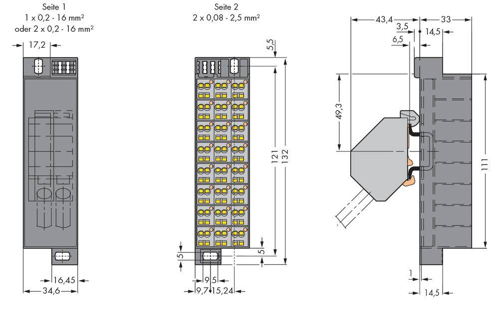 Technical drawing of an electrical junction box with three views, dimensions in millimetres and specific cable specifications.
