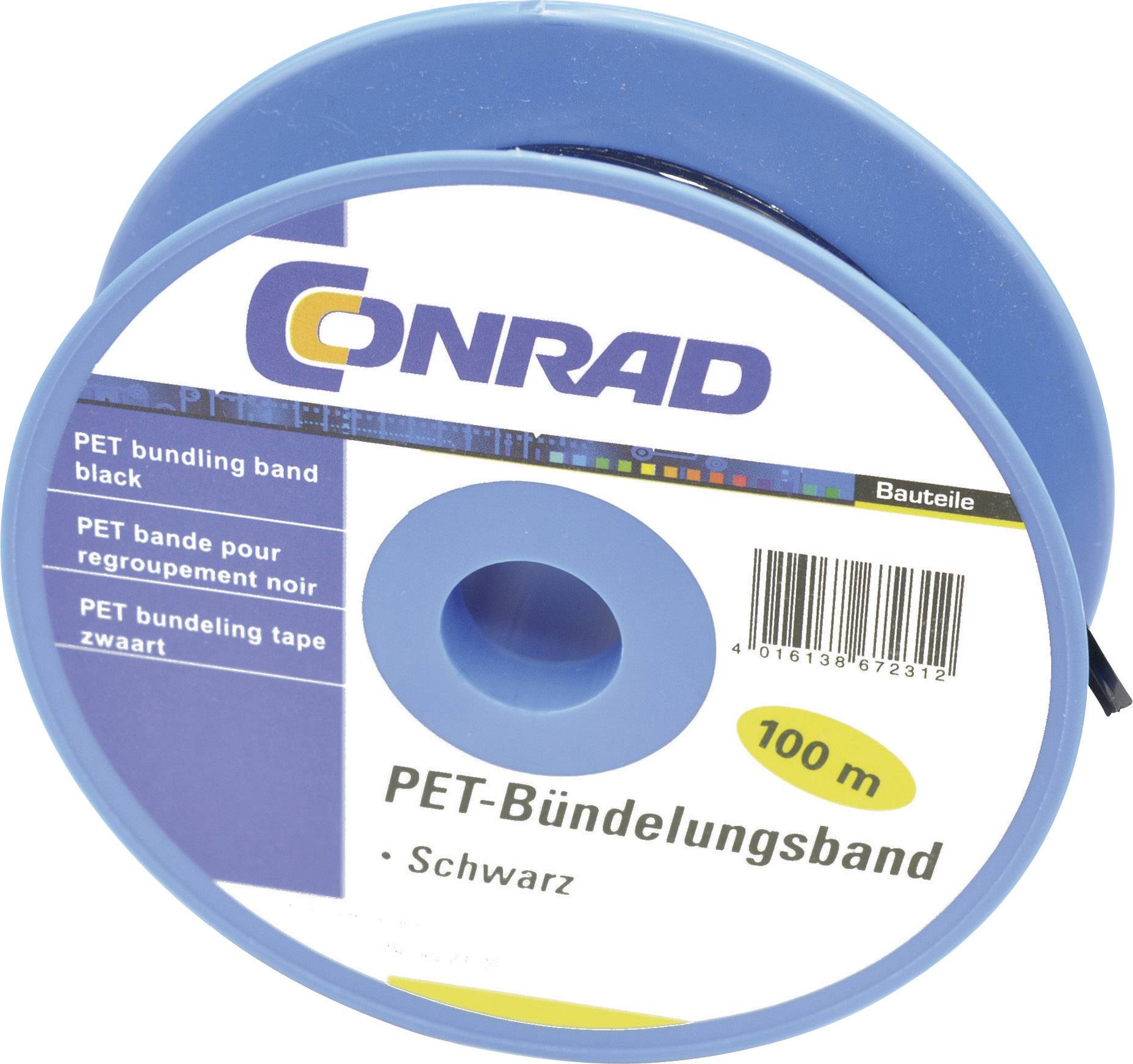 'PET Cable Tie' by Conrad, 100 m length, colour Black. Plastic reel with label in multiple languages.
