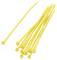 Ten yellow plastic cable ties lying side by side on a white background, showing different lengths.