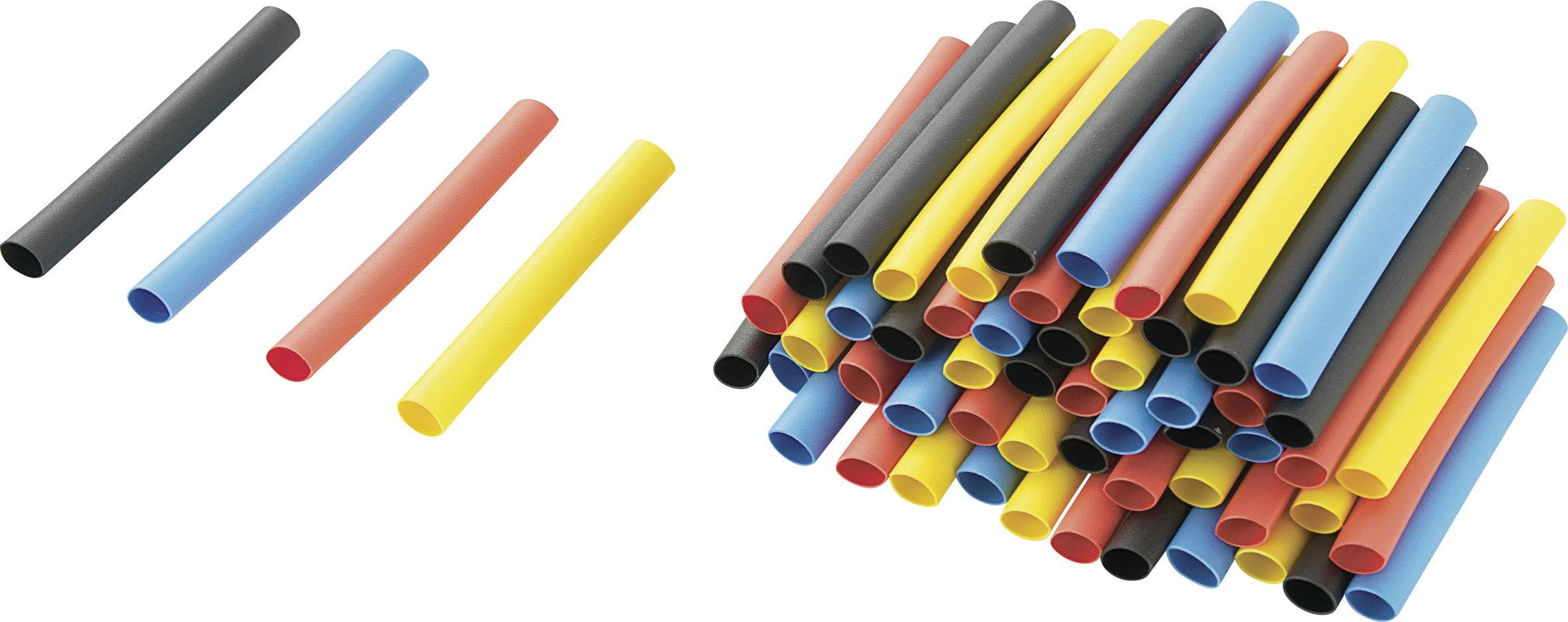 'Heat-shrink tubing in four colours: Black, Red, Yellow, Blue. Four tubes on the left, many identical ones in a stack on the right.'